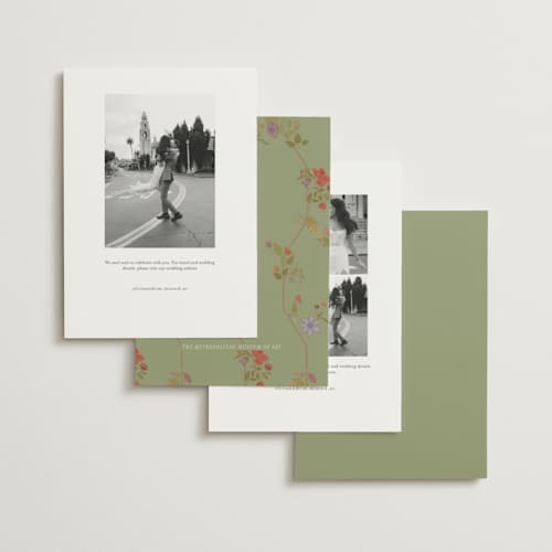 This is a mint foil stamped save the date cards with foil pressed by Simona Camp called radiant botany printing on signature in standard