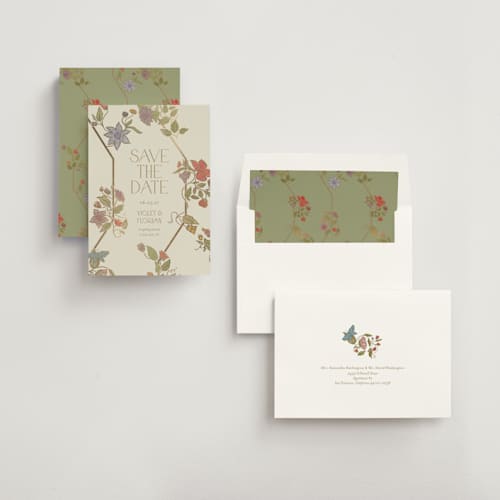 This is a mint foil stamped save the date cards with foil pressed by Simona Camp called radiant botany printing on signature in standard