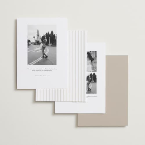 This is a silk foil stamped save the date cards with foil pressed by Kelly Schmidt called monogram script printing on recycled smooth signature in standard