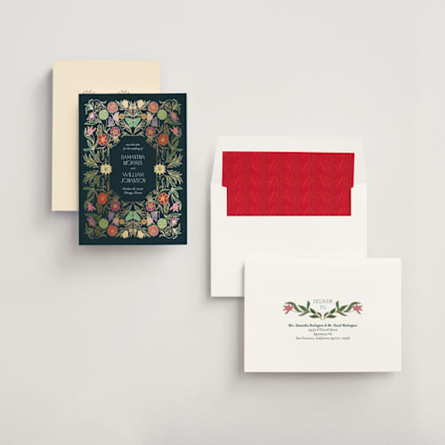 This is a midnight garden foil stamped save the date cards with foil pressed by Simona Camp called gilded tapestry printing on signature in standard