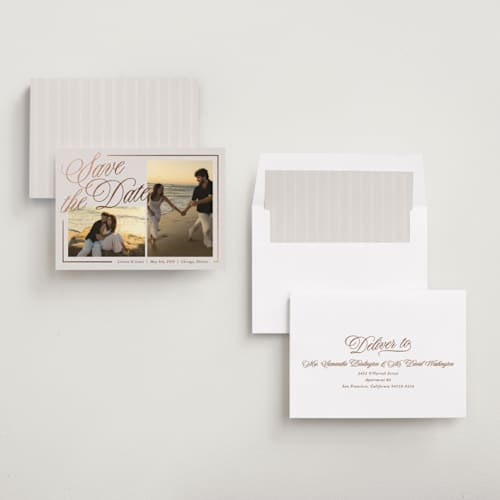 This is a dove foil stamped save the date cards with foil pressed by Brianne Larsen called elegantly lined printing on recycled smooth signature in standard