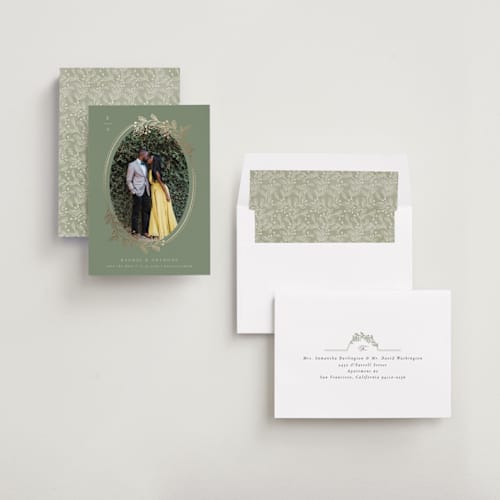 This is a fern foil stamped save the date cards with foil pressed by Jen Owens called vine wrap printing on recycled smooth signature in standard