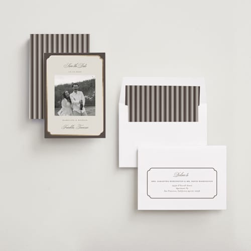 This is a cognac foil stamped save the date cards with foil pressed by Emily Betts called arch frame printing on recycled smooth signature in standard