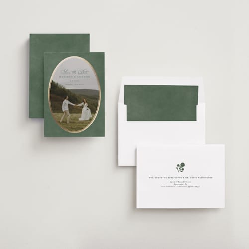 This is a rosemary foil stamped save the date cards with foil pressed by Emily Betts called vintage oval printing on recycled smooth signature in standard