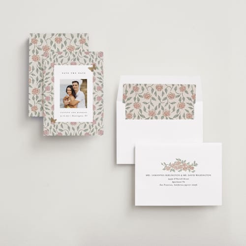 This is a blush foil stamped save the date cards with foil pressed by Grae called dancing in the garden printing on recycled smooth signature in standard