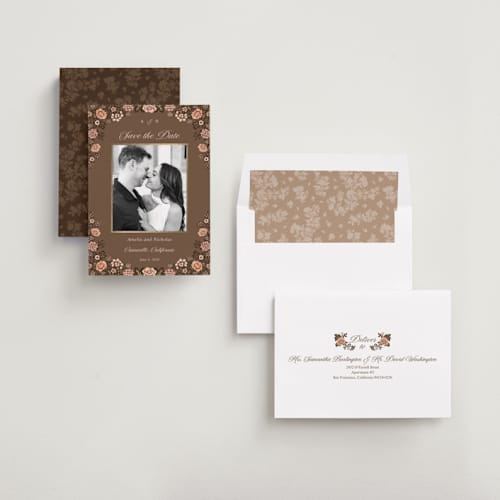 This is a chocolate foil stamped save the date cards with foil pressed by Paola Benenati called blooming path printing on recycled smooth signature in standard