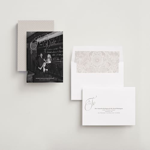 This is a cloud foil stamped save the date cards with foil pressed by Kate Ahn called griffin printing on recycled smooth signature in standard