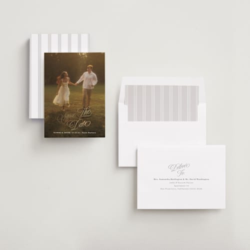 This is a ivory foil stamped save the date cards with foil pressed by Shirley Lin Schneider called classic romanticism printing on recycled smooth signature in standard