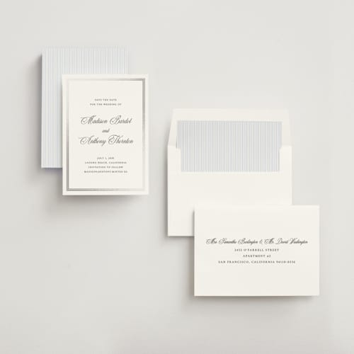 This is a ink foil stamped save the date cards with foil pressed by Vanessa Doyle called triple border printing on signature in standard