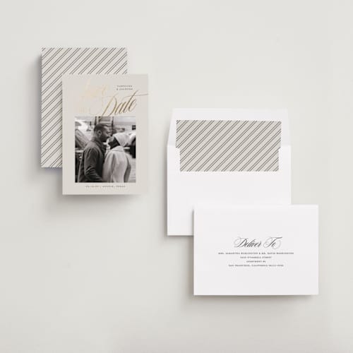 This is a buttercream foil stamped save the date cards with foil pressed by Jessica Williams called belmont printing on recycled smooth signature in standard