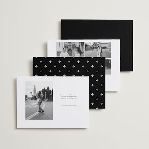 This is a ecru foil stamped save the date cards with foil pressed by Erica Krystek called simple trio printing on recycled smooth signature in standard