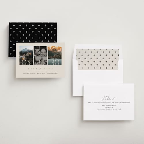This is a ecru foil stamped save the date cards with foil pressed by Erica Krystek called simple trio printing on recycled smooth signature in standard