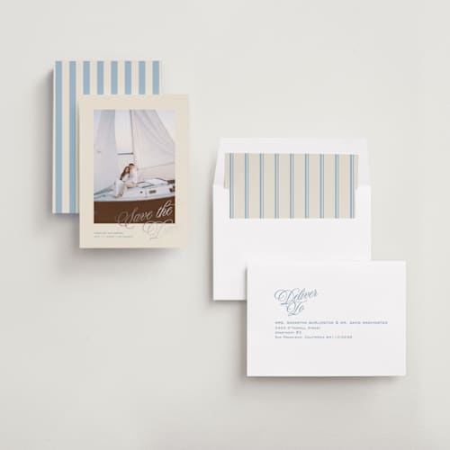 This is a capri foil stamped save the date cards with foil pressed by Creo Study called classic contemporary printing on recycled smooth signature in standard