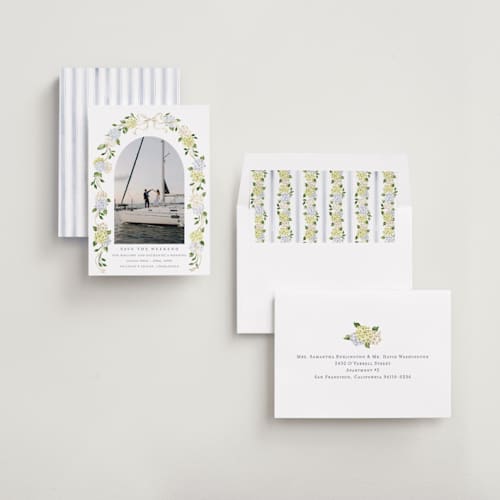 This is a coastline foil stamped save the date cards with foil pressed by Sarah Knight called coastal hydrangea printing on recycled smooth signature in standard
