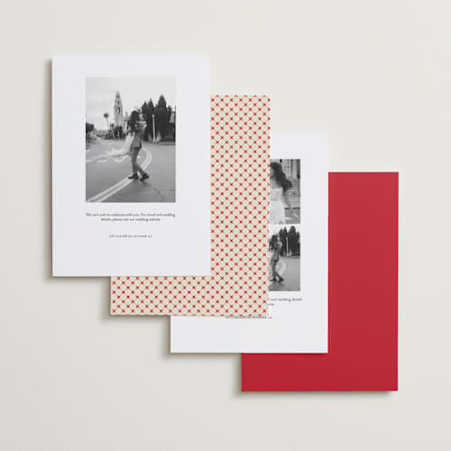 This is a crimson foil stamped save the date cards with foil pressed by Vera Lim called poster. printing on recycled smooth signature in standard