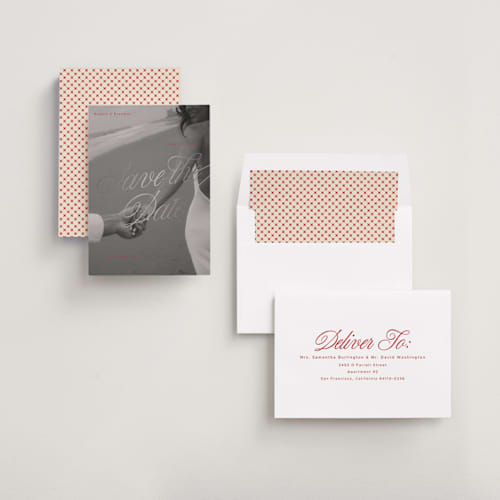 This is a crimson foil stamped save the date cards with foil pressed by Vera Lim called poster. printing on recycled smooth signature in standard