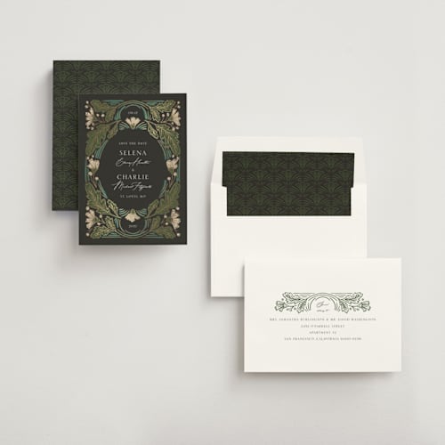 This is a lily foil stamped save the date cards with foil pressed by Jen Owens called embellished printing on signature in standard