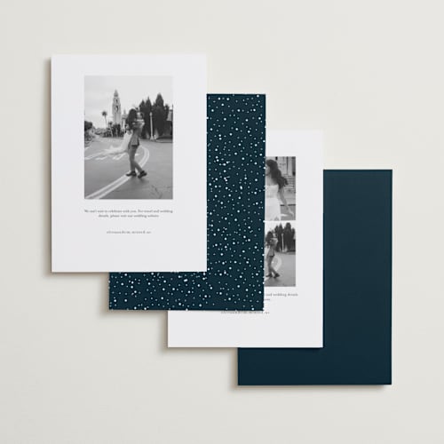 This is a midnight foil stamped save the date cards with foil pressed by Meagan Christensen called alcott printing on recycled smooth signature in standard