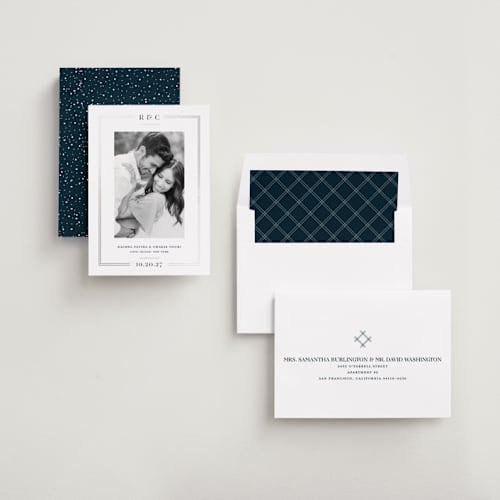 This is a midnight foil stamped save the date cards with foil pressed by Meagan Christensen called alcott printing on recycled smooth signature in standard