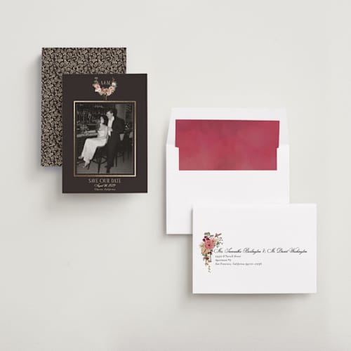 This is a blush foil stamped save the date cards with foil pressed by Susan Moyal called flouriishing printing on recycled smooth signature in standard
