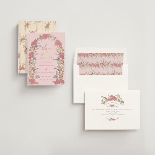 This is a tea rose foil stamped save the date cards with foil pressed by Sarah Rosenthal called evergold blooms printing on signature in standard