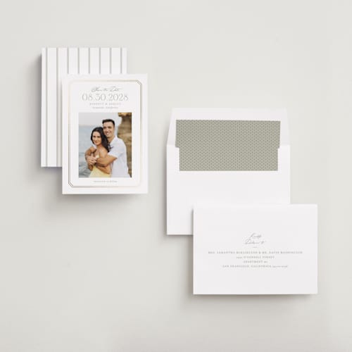 This is a cotton foil stamped save the date cards with foil pressed by Robert and Stella called parque printing on recycled smooth signature in standard