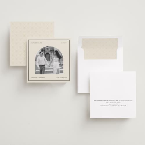 This is a ivory foil stamped save the date cards with foil pressed by Kartika Paramita called arch in a square printing on recycled smooth signature in square