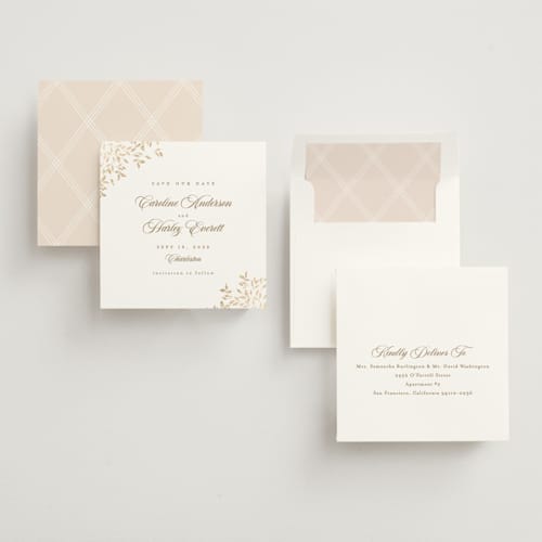This is a chiffon foil stamped save the date cards with foil pressed by Kristie Kern called midsummer printing on signature in square