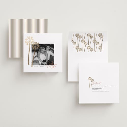 This is a pearl foil stamped save the date cards with foil pressed by Summer Winkelman called the palms printing on recycled smooth signature in square
