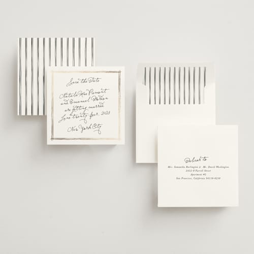 This is a nero foil stamped save the date cards with foil pressed by Pati Cascino called justine printing on signature in square
