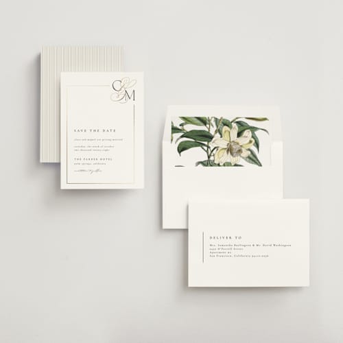 This is a silk foil stamped save the date cards with foil pressed by Kelly Schmidt called golden ampersand printing on signature in standard