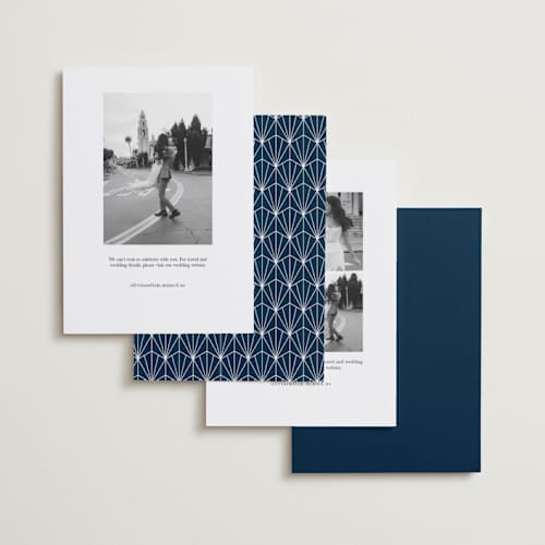 This is a ocean foil stamped save the date cards with foil pressed by Brooke Chandler called elegant fete printing on recycled smooth signature in standard