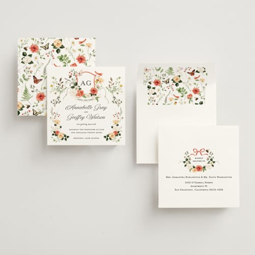 This is a verona sunset foil stamped save the date cards with foil pressed by Sarah Knight called fleur printing on signature in square