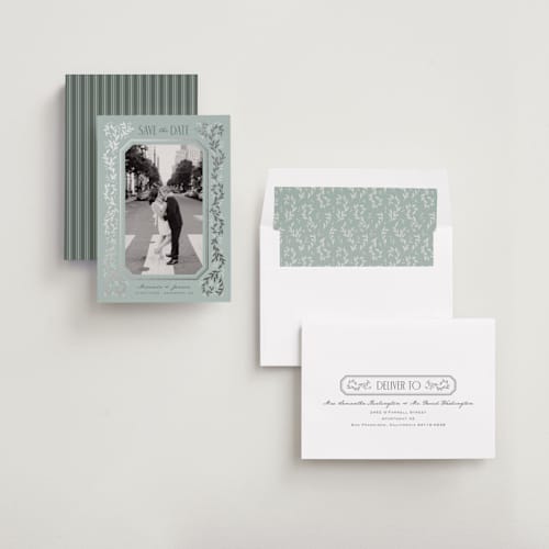 This is a seafoam foil stamped save the date cards with foil pressed by Laura Hankins called ornate vines printing on recycled smooth signature in standard