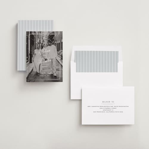 This is a moonstone foil stamped save the date cards with foil pressed by Kristen Selak-Parrish called helena printing on recycled smooth signature in standard