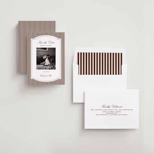 This is a mahogany foil stamped save the date cards with foil pressed by Emily Betts called lines frame printing on recycled smooth signature in standard