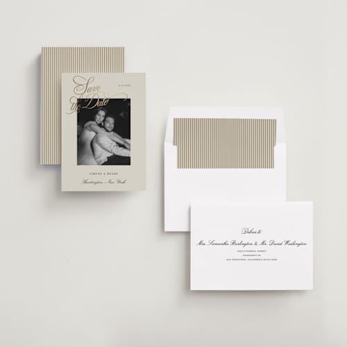 This is a champagne foil stamped save the date cards with foil pressed by Benita Crandall called flourishing script printing on recycled smooth signature in standard