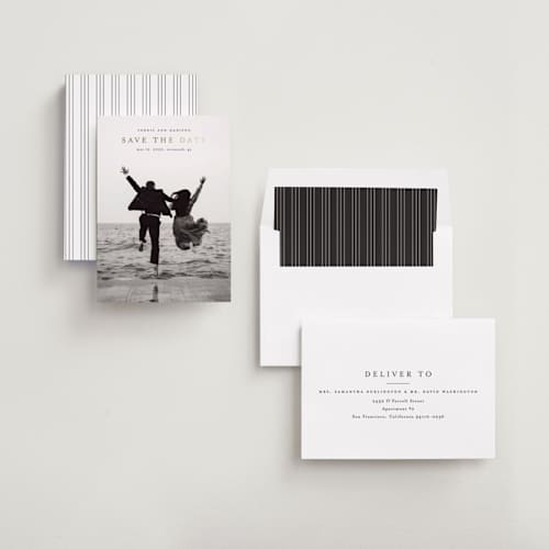 This is a ink foil stamped save the date cards with foil pressed by Stacey Meacham called uncomplicated printing on recycled smooth signature in standard