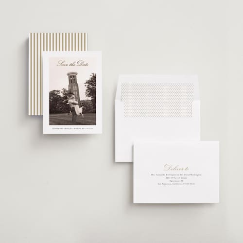 This is a cloud foil stamped save the date cards with foil pressed by Sara Hicks Malone called whisper printing on recycled smooth signature in standard