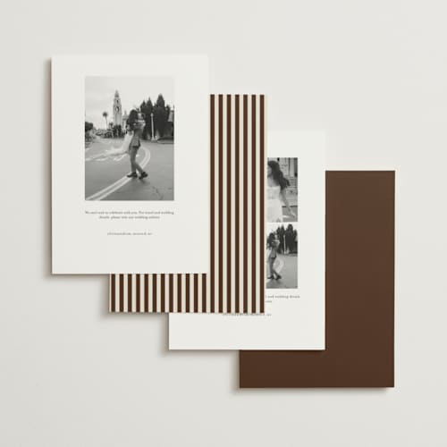 This is a chocolate foil stamped save the date cards with foil pressed by Baumbirdy called stripe frame printing on signature in standard