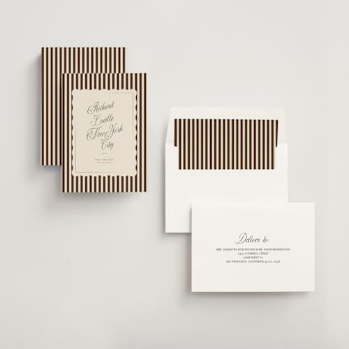 This is a chocolate foil stamped save the date cards with foil pressed by Baumbirdy called stripe frame printing on signature in standard