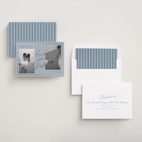 This is a french blue foil stamped save the date cards with foil pressed by Brianne Larsen called timeless love printing on recycled smooth signature in standard