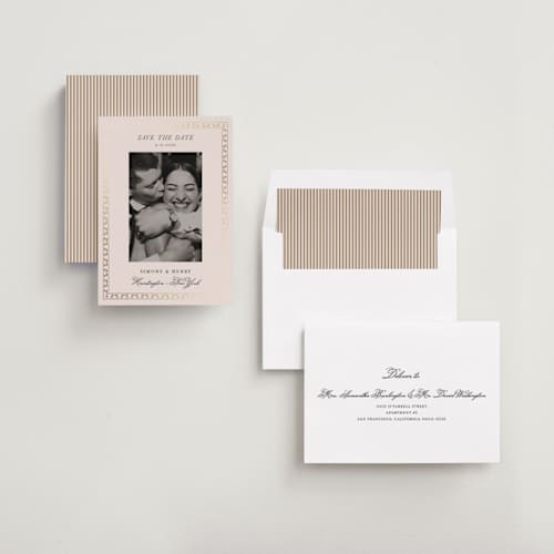 This is a vanilla foil stamped save the date cards with foil pressed by Benita Crandall called vintage border printing on recycled smooth signature in standard