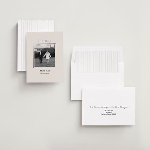 This is a cameo foil stamped save the date cards with foil pressed by Kristen Juckiewicz called treasured printing on recycled smooth signature in standard