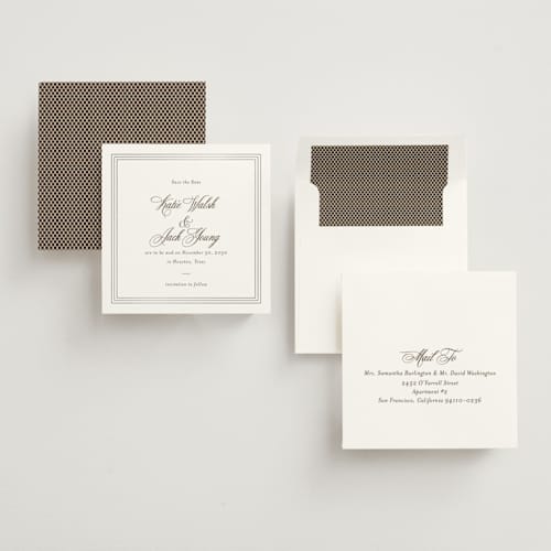 This is a espresso foil stamped save the date cards with foil pressed by Megan Davis called coquille printing on signature in standard