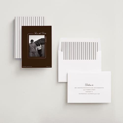 This is a copper foil stamped save the date cards with foil pressed by Baumbirdy called matte printing on recycled smooth signature in standard