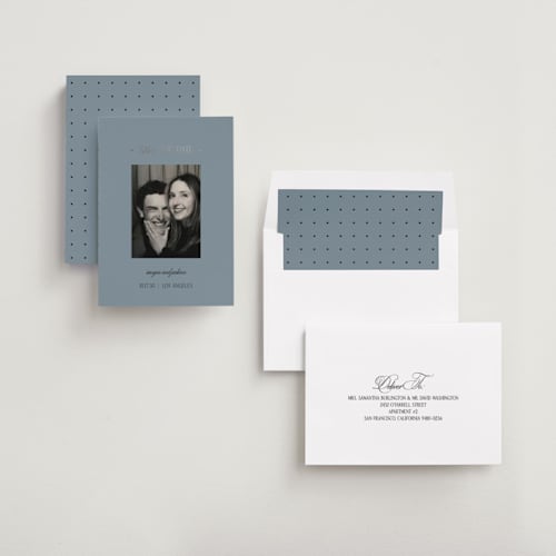 This is a celestial foil stamped save the date cards with foil pressed by Kelly Watkins called so luxe printing on recycled smooth signature in standard