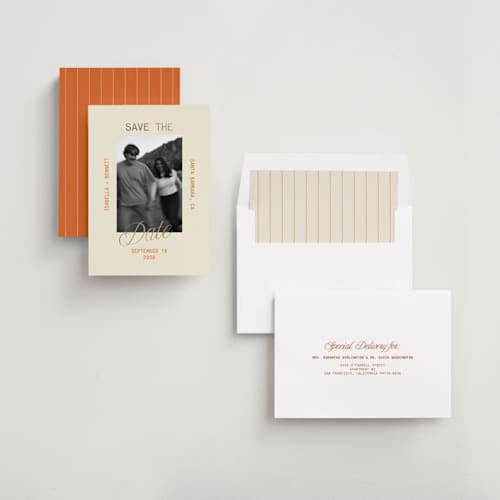 This is a persimmon foil stamped save the date cards with foil pressed by Roseberry called bennett printing on recycled smooth signature in standard
