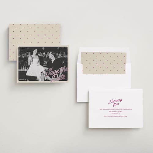 This is a plum foil stamped save the date cards with foil pressed by Inkblot Design called bartop printing on recycled smooth signature in standard