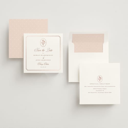 This is a rose foil stamped save the date cards with foil pressed by chocomocacino called fleu-de-sel printing on signature in standard